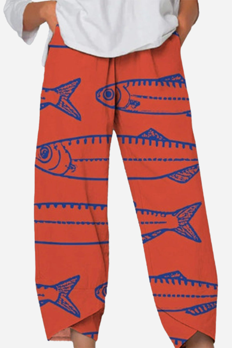 Artistic Sardine Pattern Breathable Cropped Pants