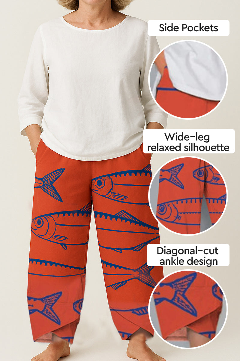 Artistic Sardine Pattern Breathable Cropped Pants