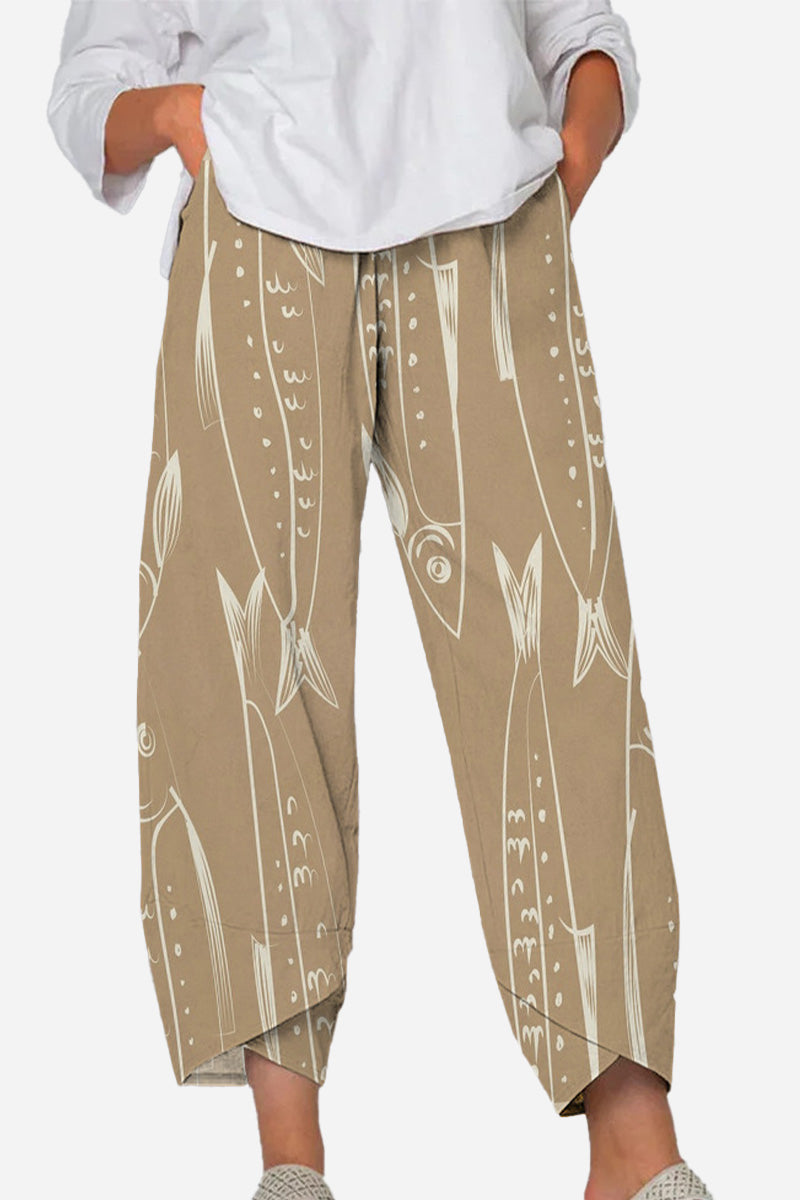 Artistic Sardine Pattern Breathable Cropped Pants