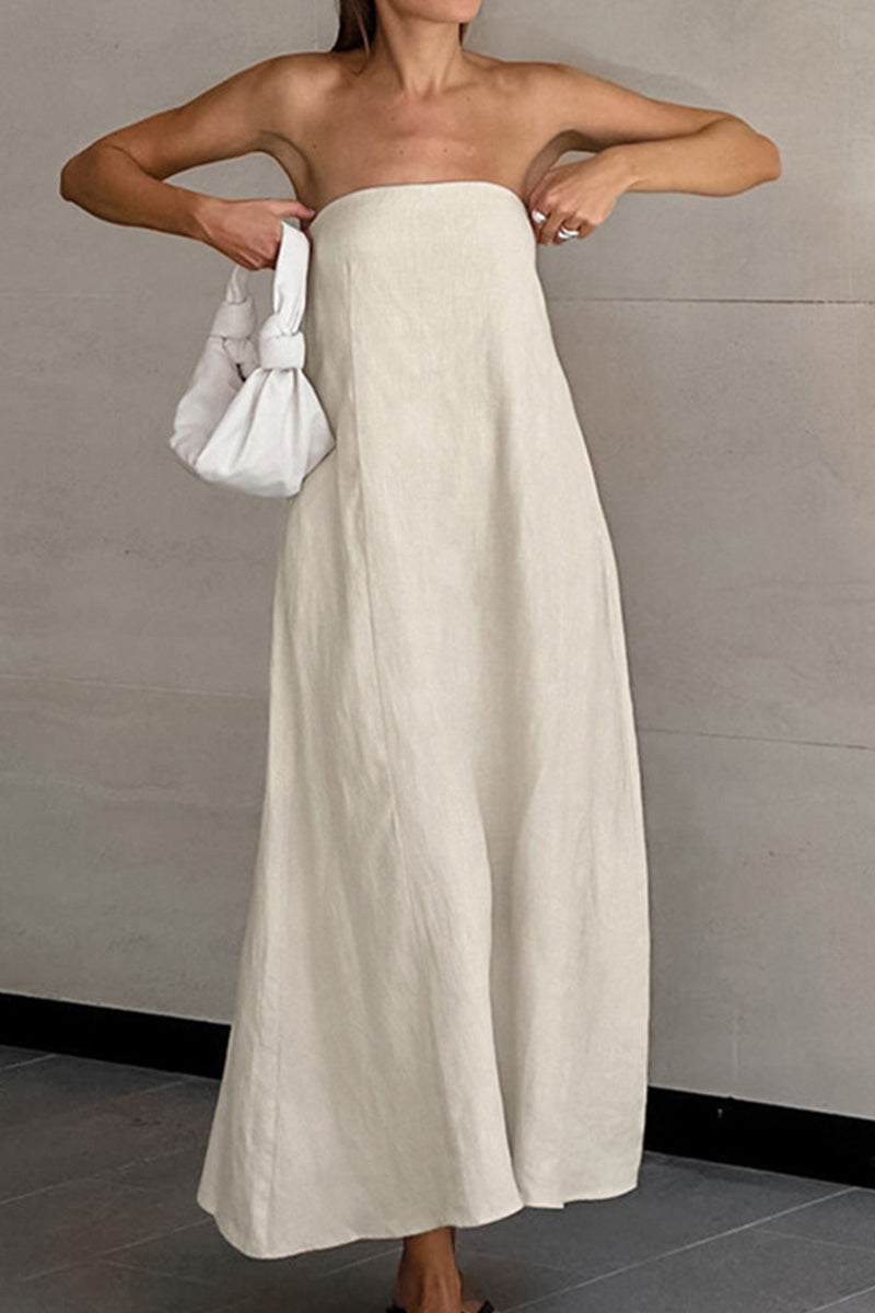 Cotton-Linen Blend Strapless Long Dress