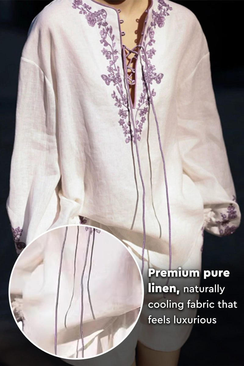 100% Linen Flower Embroidery Two-Piece Set