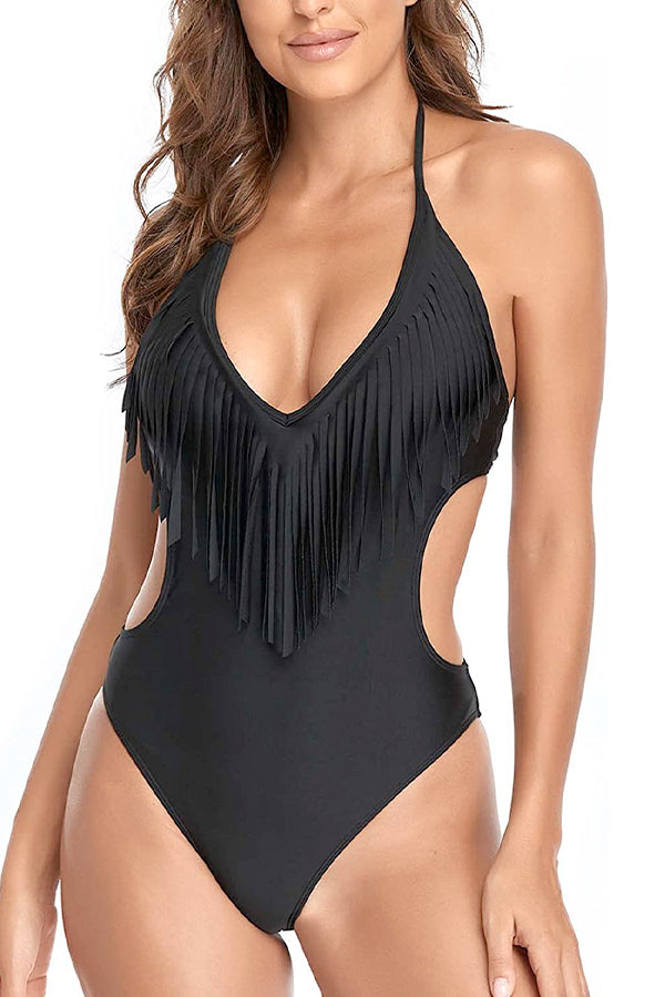 Cutout Halter Tassel One Piece Swimsuit