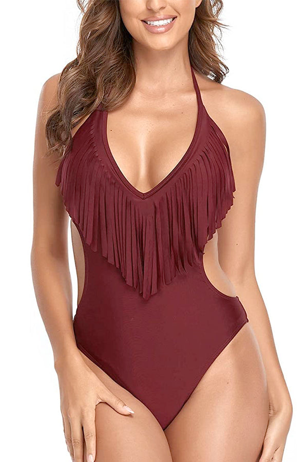 Cutout Halter Tassel One Piece Swimsuit