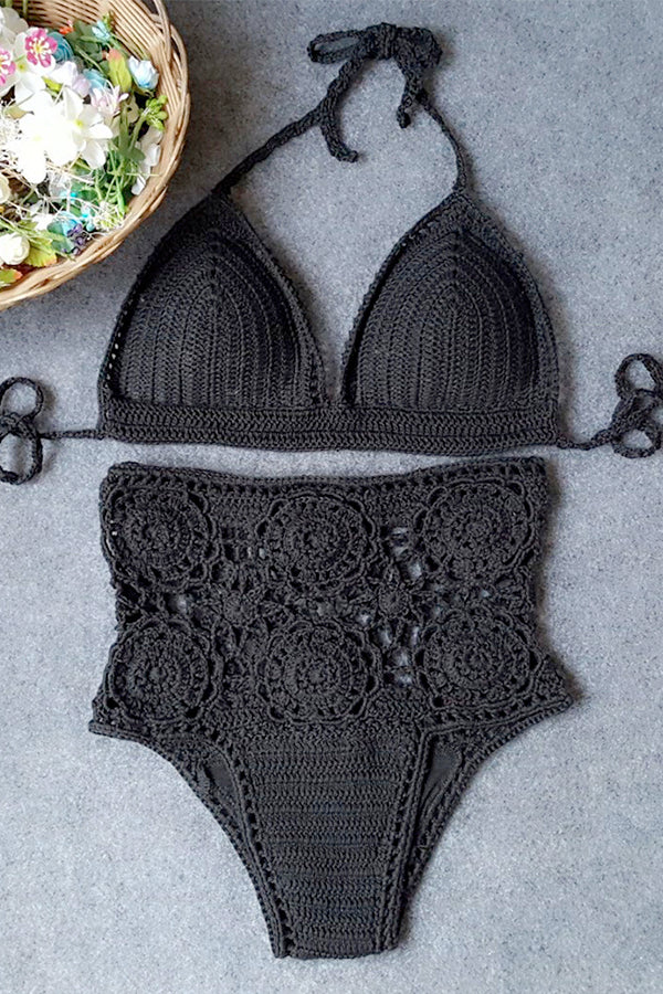 High-Waisted Swimsuit Solid Color Crochet Bikini