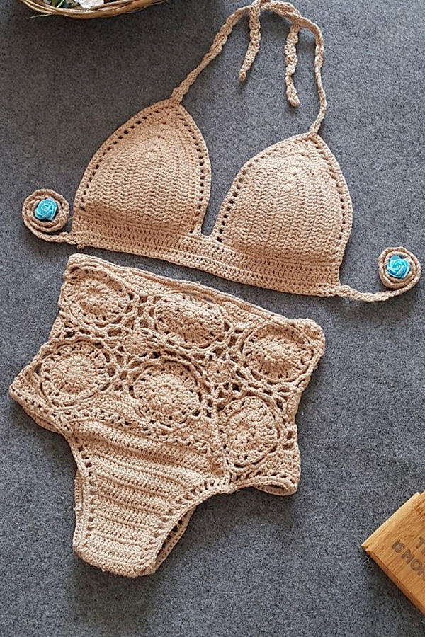 High-Waisted Swimsuit Solid Color Crochet Bikini