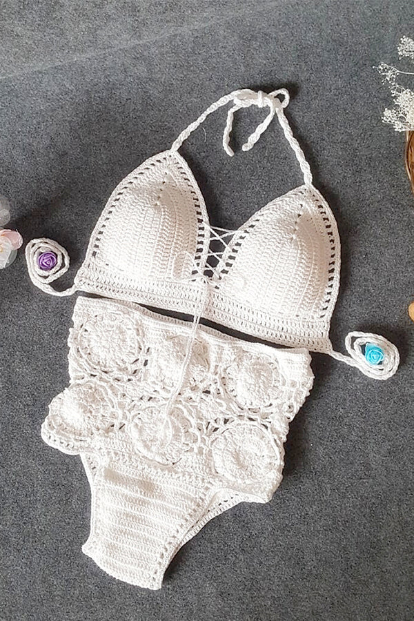 High-Waisted Swimsuit Solid Color Crochet Bikini