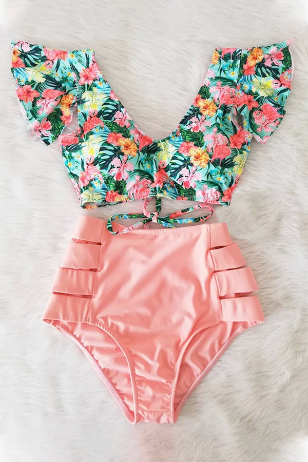 High Waisted Two Piece V Neck Ruffled Printed Bikini Swimsuit
