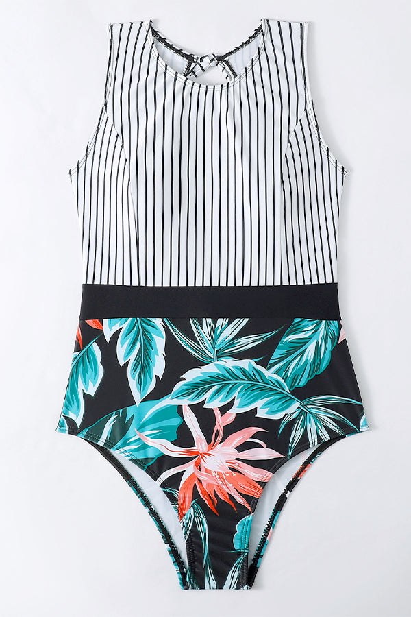 Striped Leafy One Piece Swimsuit