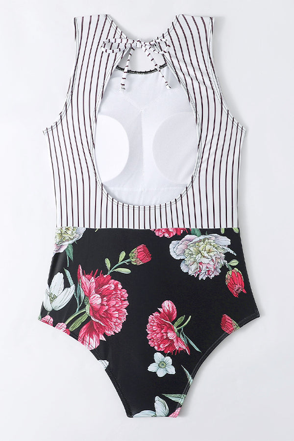 Striped Leafy One Piece Swimsuit