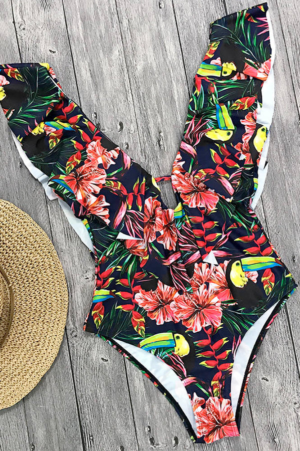 One-Piece V-Neck Ruffled Swimsuit