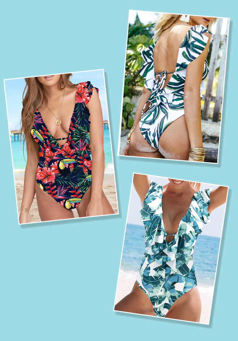 One-Piece V-Neck Ruffled Swimsuit